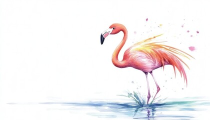Vibrant pink flamingo splashing in shallow water with colorful splashes against a white background
