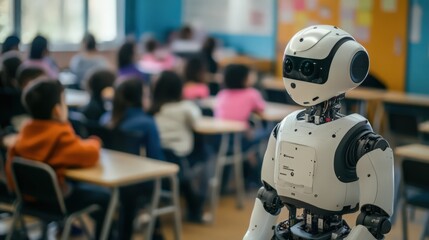 Obraz premium A white humanoid robot standing in a classroom with students at their desks in the background