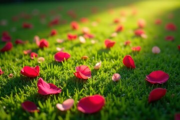 Fototapeta premium delicate rose petals scattered on lush green grass, roses, green, flower field