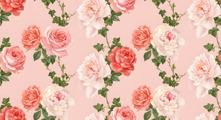 A seamless floral pattern featuring blooming roses and peonies intertwined with ivy on a pastel pink background.