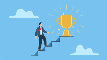 Businessman climbing stairs reaching a trophy key symbolizes success, goal, victory, and achievement. Suitable for business, achievement, success concepts in design.