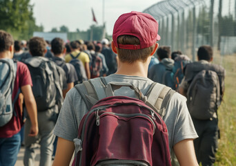 Refugees walking along border fence seeking asylum