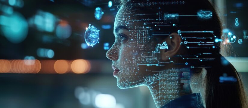 Woman's face overlaid with digital data streams and glowing particles, representing AI, technology, and the future. - Powered by Adobe