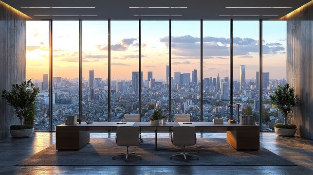 Modern office, city skyline view, sunset, meeting room, corporate
