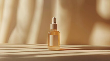 Naklejka premium Amber serum bottle mockup, sunlit fabric backdrop, beauty product