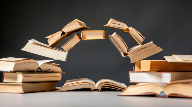 bridge made of books connects two stacks, symbolizing knowledge and communication. open books create arch, representing flow of ideas and learning