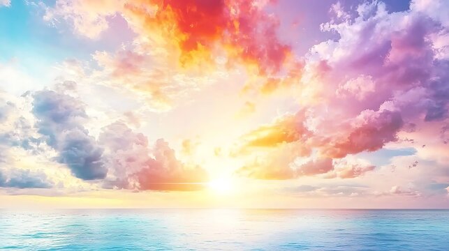 A vibrant summer sunset with a golden and red sky, as the sun dips below the horizon, casting brilliant colors across the landscape