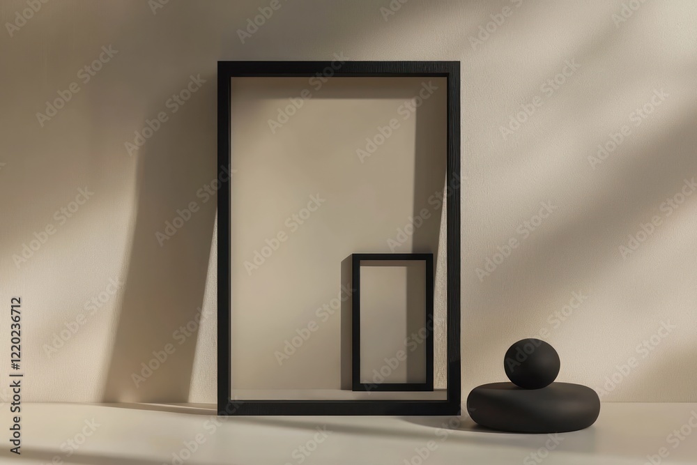 Wall mural minimalist black 3d frame with space for text on a neutral gradient.