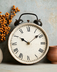 Vintage alarm clock with autumn decor cozy interior still life warm atmosphere captured from above
