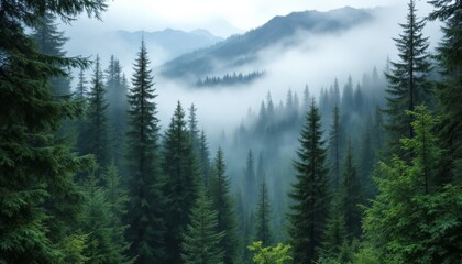 Misty Mountain Forest Scene With Evergreen Trees