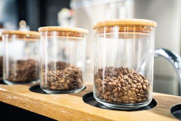 coffee beans and glass in cafe
