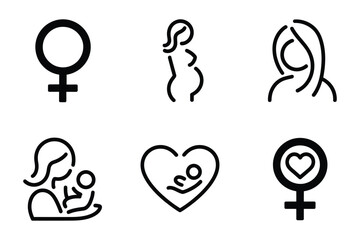 International Women’s Day Black Line Art Icons – Feminine Symbols, Motherhood, and Empowerment