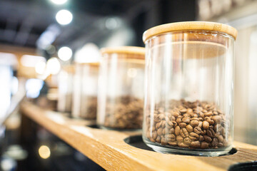 coffee beans and glass in cafe