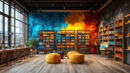 Colorful urban craft studio shelves, workspace, city view