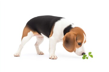 Playful Beagle Sniffing Green Clover on White Background, Capturing Curiosity and Innocence