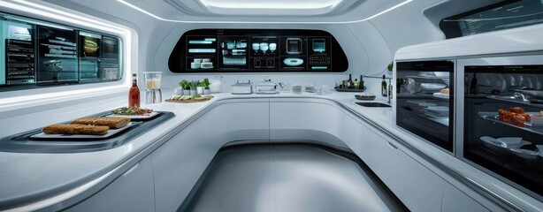 A futuristic kitchen featuring sleek design, advanced technology, and interactive screens for culinary innovation.