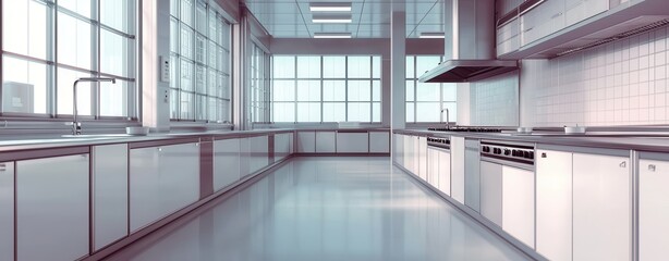 Fototapeta premium A modern kitchen featuring sleek cabinets, stainless steel appliances, and large windows that allow natural light to fill the space.