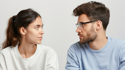 Fototapeta premium close up of two people exchanging meaningful glance, conveying connection and understanding. individuals are facing each other, with neutral background enhancing their expressions