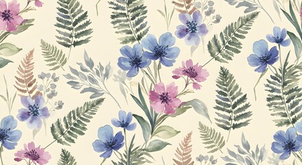 Elegant wildflowers and fern leaves in a seamless watercolor pattern on a soft cream background