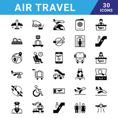 Air Travel line icons related to airport, plane, baggage, ticket, transport, terminal, boarding pass, traveler,