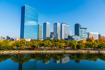 Autumn cityscape of Osaka city skyline with skyscraper building and autumn leaves tree nature park.