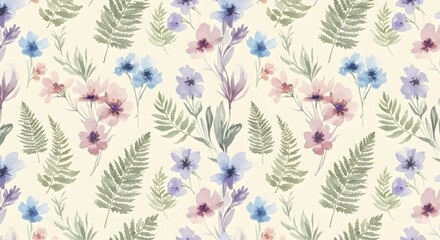 Elegant wildflowers and fern leaves in a seamless watercolor pattern on a soft cream background