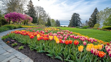 A peaceful garden filled with blooming tulips in various colors, symbolizing beauty, spring, and floral arrangements, ideal for flower-related marketing, event decorations, and nature photography.