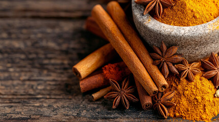 Cooking with spices turmeric and cinnamon kitchen food warm atmosphere close-up culinary art