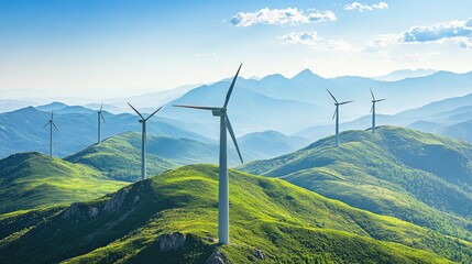 Majestic wind turbines in a mountainous setting, with layers of green hills and rocky peaks stretching far into the distance under bright, natural sunlight.