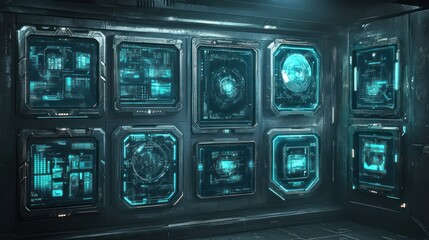 Obraz premium Futuristic control panel with glowing cyan interfaces.