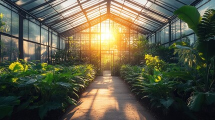Sunlit greenhouse interior with lush greenery.