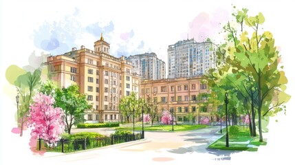 Fototapeta premium Sketch illustration, color ink drawing with watercolor, pencil sketch of a building in the center on a white background with pastel pink and green colors, trees, bushes, spring season, in a clipart