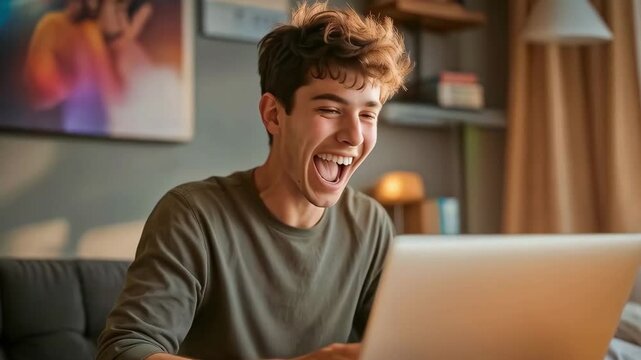 A cheerful and cute man watches a sports competition and loudly and wildly rejoices at the victory of the team