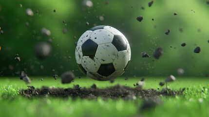 Soccer Ball in Mid-Air Above a Dusty Grass Field at Daylight