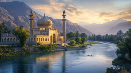 Obraz premium Serene Mosque at Sunrise with Misty River