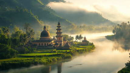 Fototapeta premium Serene Mosque at Sunrise with Misty River