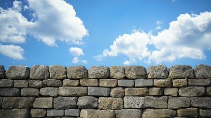 Photo of a brick wall with a blue sky and white clouds in the background, showcasing a realistic and detailed depiction of an old, grey stone brick wall with blue skies and fluffy white clouds in the 