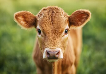Adorable Brown Calf with Big Eyes and Soft Fur Standing in a Lush Green Field Under Bright Sunlight, Capturing the Essence of Rural Beauty and Farm Life