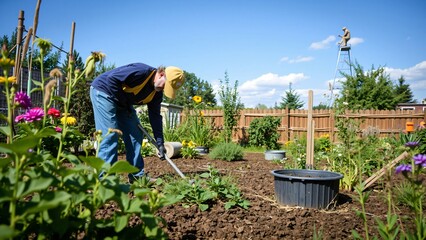 Man Tending to Vibrant Home Garden on Sunny Day