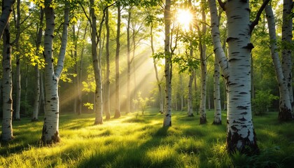 Fototapeta premium Sunlit Birch Trees in a Verdant Forest Meadow