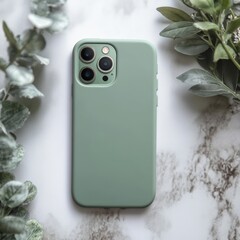 Sage green phone case on marble background with eucalyptus.