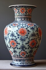 Ornate porcelain vase, floral blue and red design.