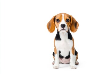 Adorable beagle puppy sitting calmly against a white background, showcasing its playful nature and charm