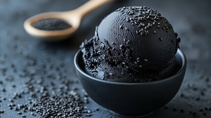 A bowl of black ice cream with a spoon next to it