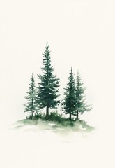 Fototapeta premium Watercolor Painting of Three Evergreen Trees on a Hill