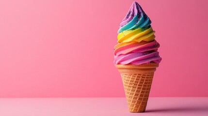 A rainbow ice cream cone in a waffle cone