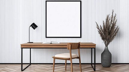 Modern minimalist office workspace with a sleek wooden desk, open book, black lamp, and beige cushioned chair. Clean contemporary interior design featuring striped wallpaper, herringbone floor, and de