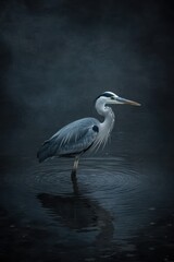 Fototapeta premium Graceful Grey Heron Standing in Still Water under Dark Atmosphere