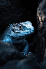 Blue Lizard Resting Among Rocks in Nature's Shadow