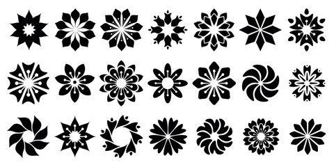 The black flower vector set features abstract floral design silhouettes and geometric patterns. It is ideal for decoration, logos, and design projects. Includes minimalist botanical elements